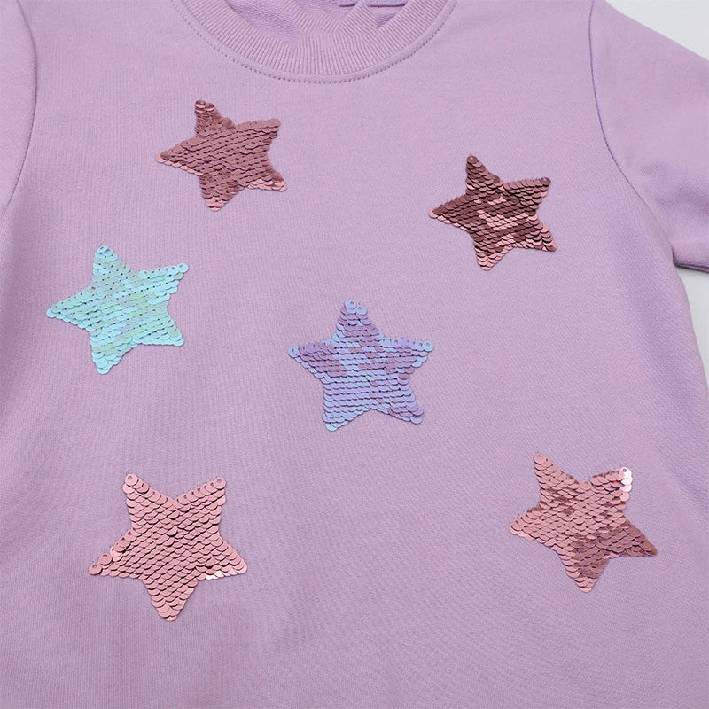 Little Girls Cartoon Stars Design Long Sleeves Mesh Dress childrensterritory