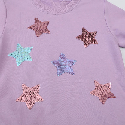 Little Girls Cartoon Stars Design Long Sleeves Mesh Dress childrensterritory
