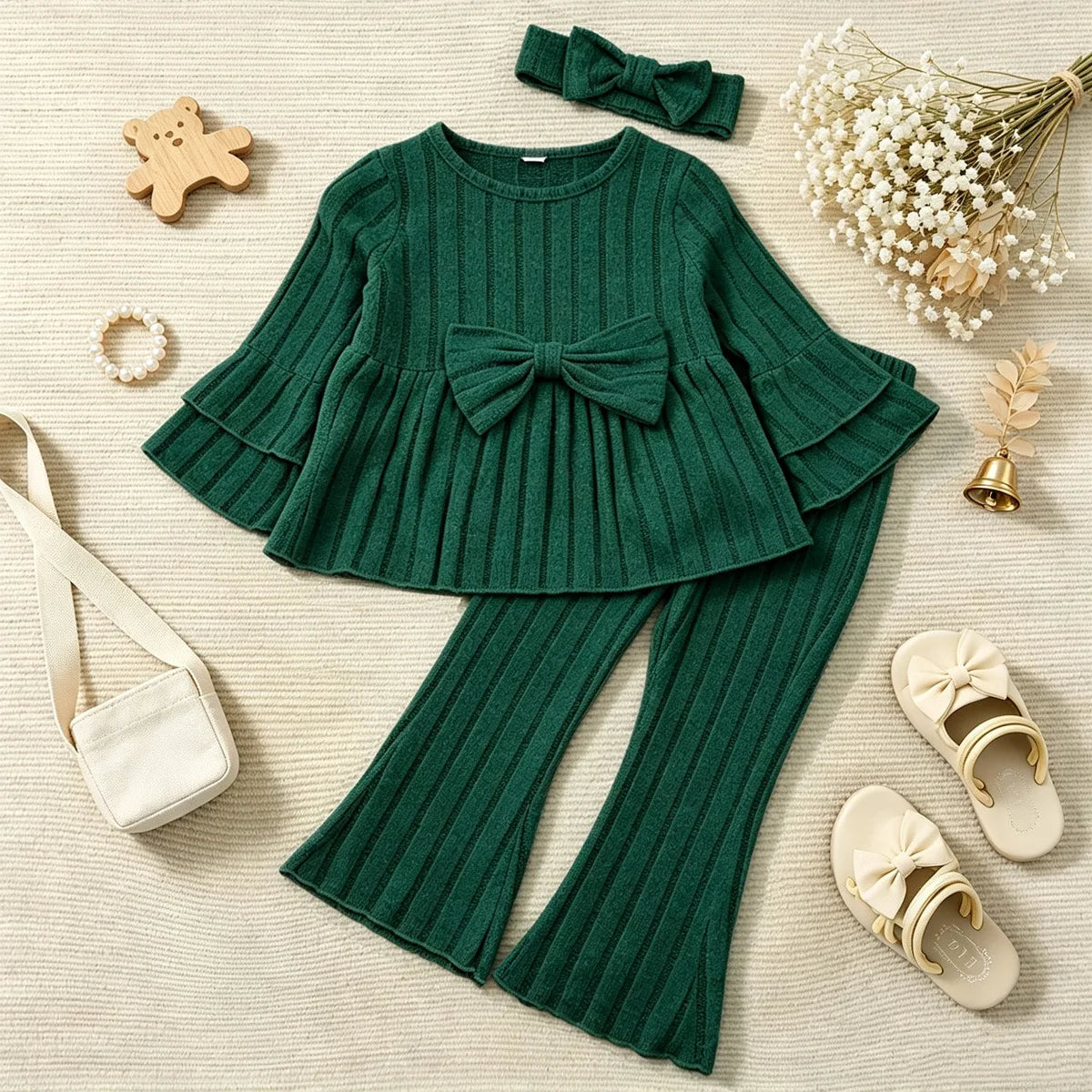 Little Girls Pleated Hem Top  and Pants Set with Bow Decoration