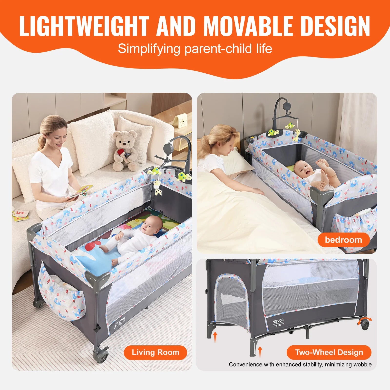 Baby Bedside Bassinet with Wheels and Storage Basket