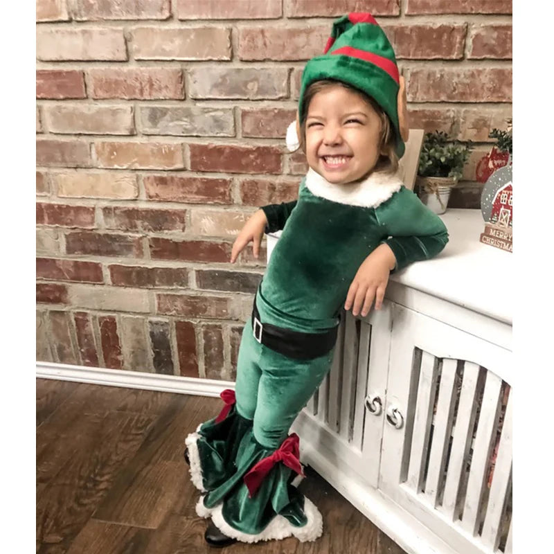 Kids Elegant Velvet Suit with Bell Bottom Pants for Christmas