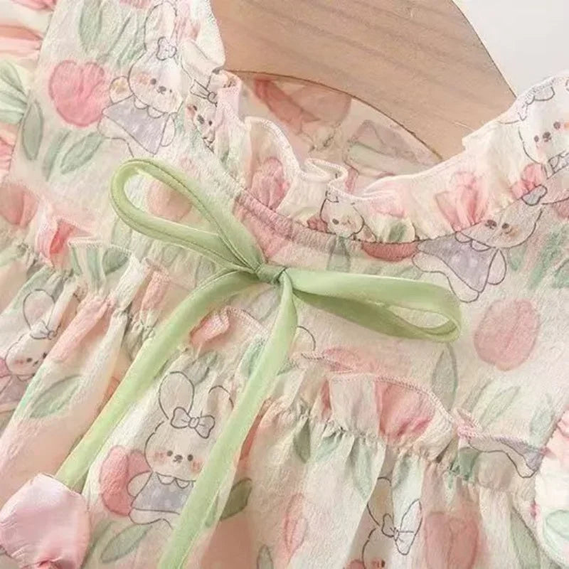 Baby Girl Cartoon Rabbit Tulip Print Dress for Summer