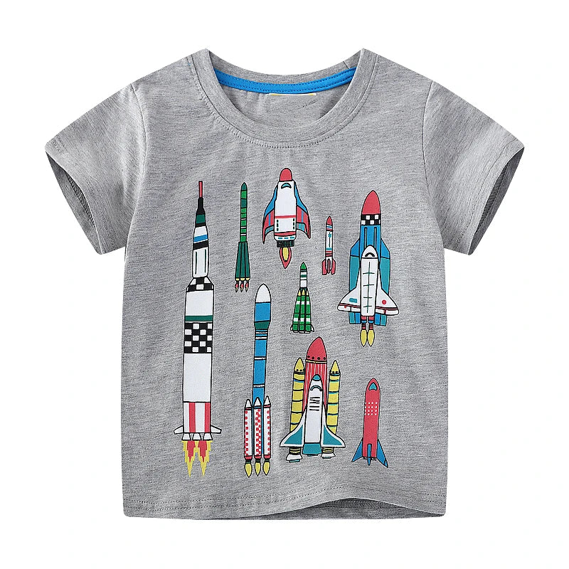 Cartoon Rockets Print Little Boys Casual Cotton T Shirts childrensterritory