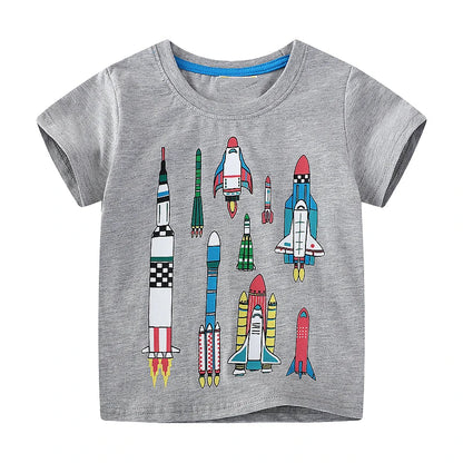 Cartoon Rockets Print Little Boys Casual Cotton T Shirts childrensterritory