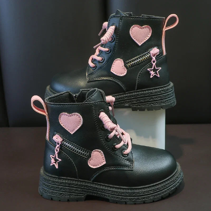 Heart Design Kids Girls British PU Ankle Boots