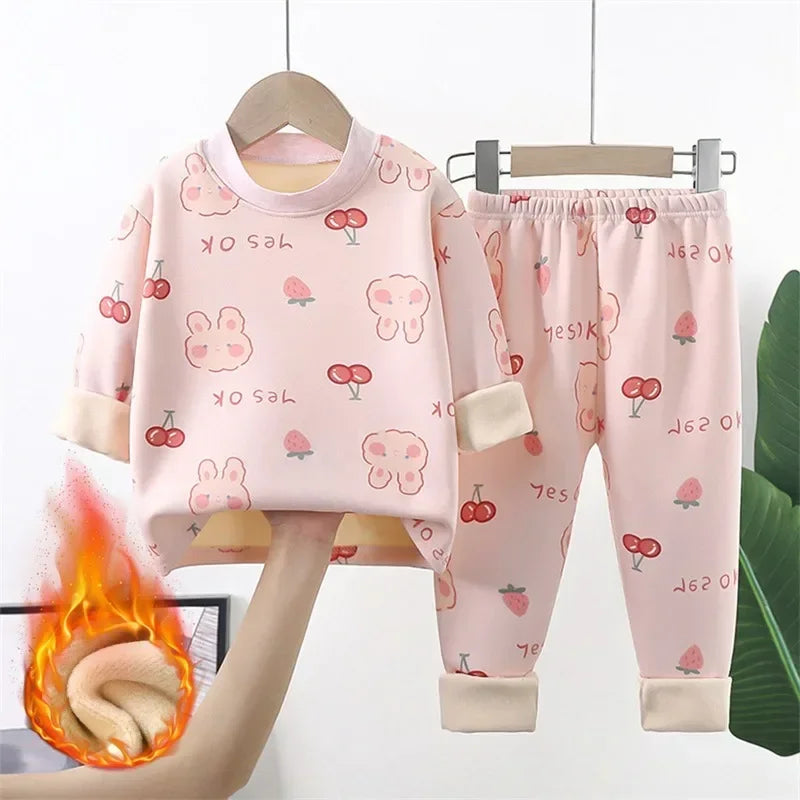 Baby/Kids Thick Warm Cartoon Print Pajamas Set