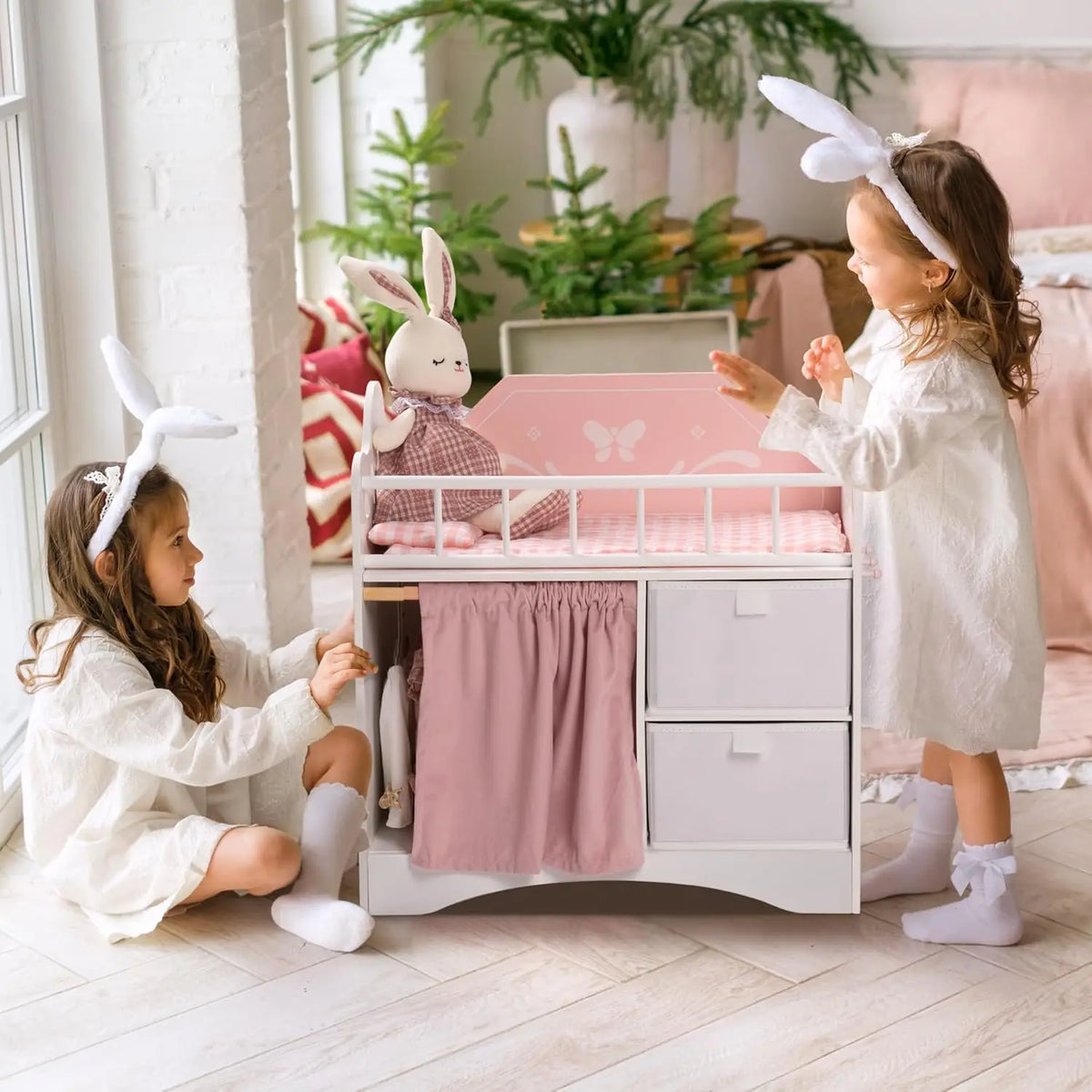 Kids Girls Wooden Pink Doll Bed with Storage and Hooks