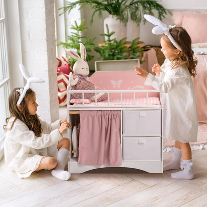 Kids Girls Wooden Pink Doll Bed with Storage and Hooks