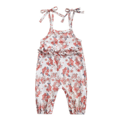 Tie-Up Spaghetti Straps Flower Print Baby Girl Jumpsuit childrensterritory