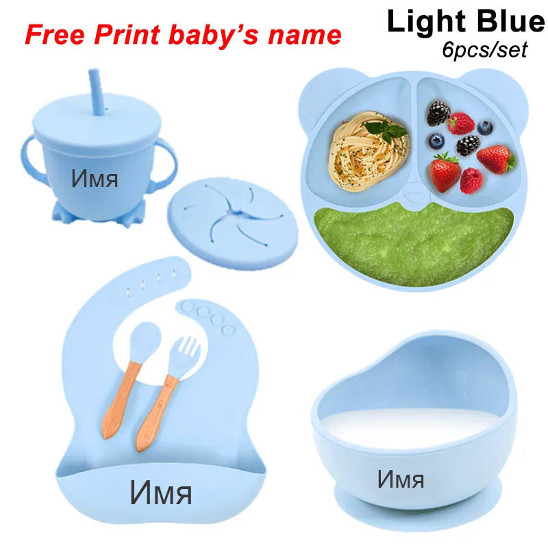 Personalized 6Pcs Toddler Feeding Suction Bowl Silicone Plates Set childrensterritory