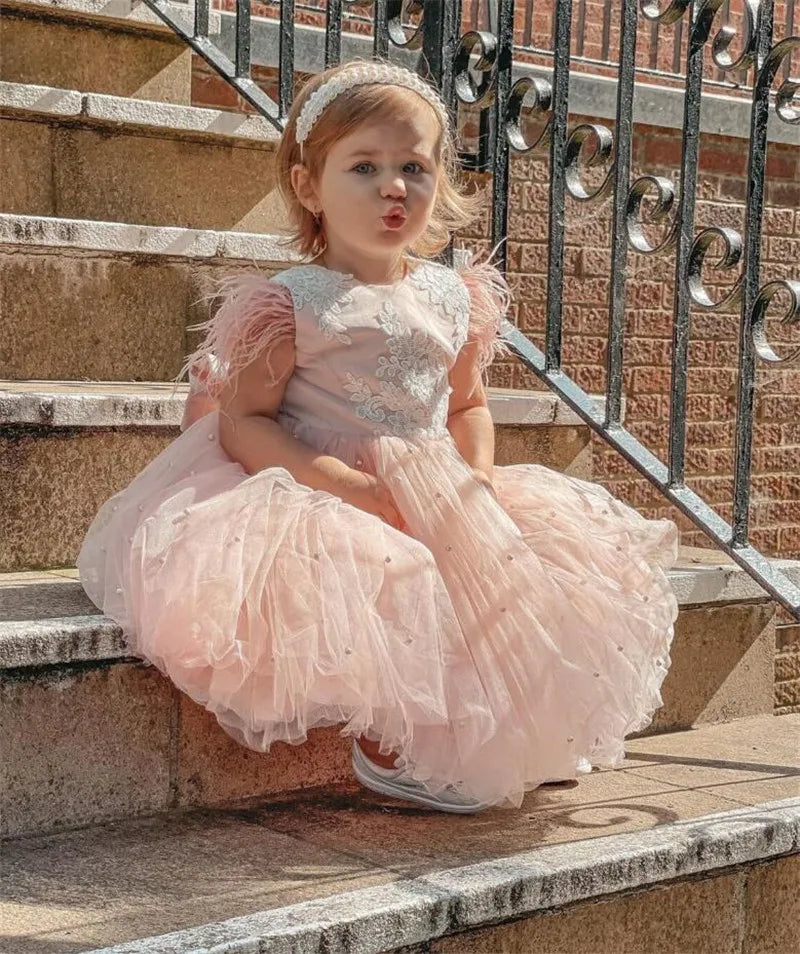 Little Girls Pink Tulle Tiered Gown for Birthday, Wedding, Baptism childrensterritory