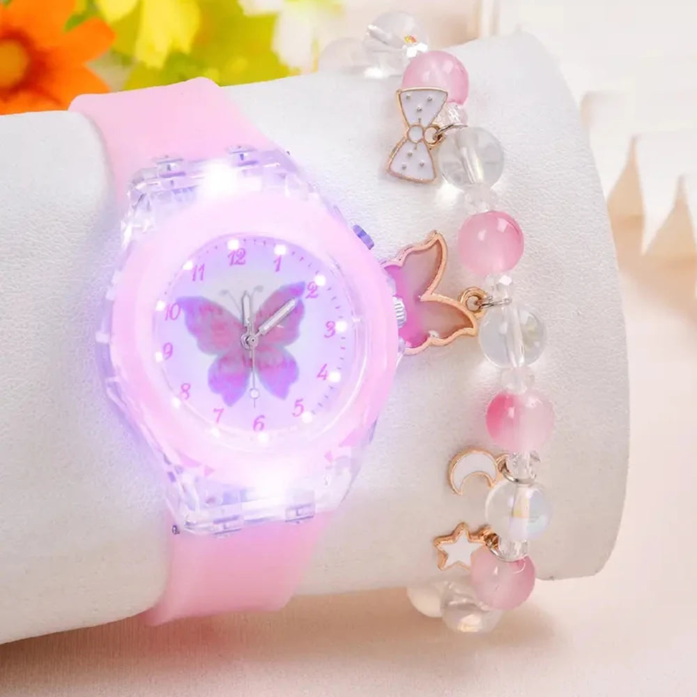 Girls' Butterfly Design Luminous Watch + Beaded Bracelet Set