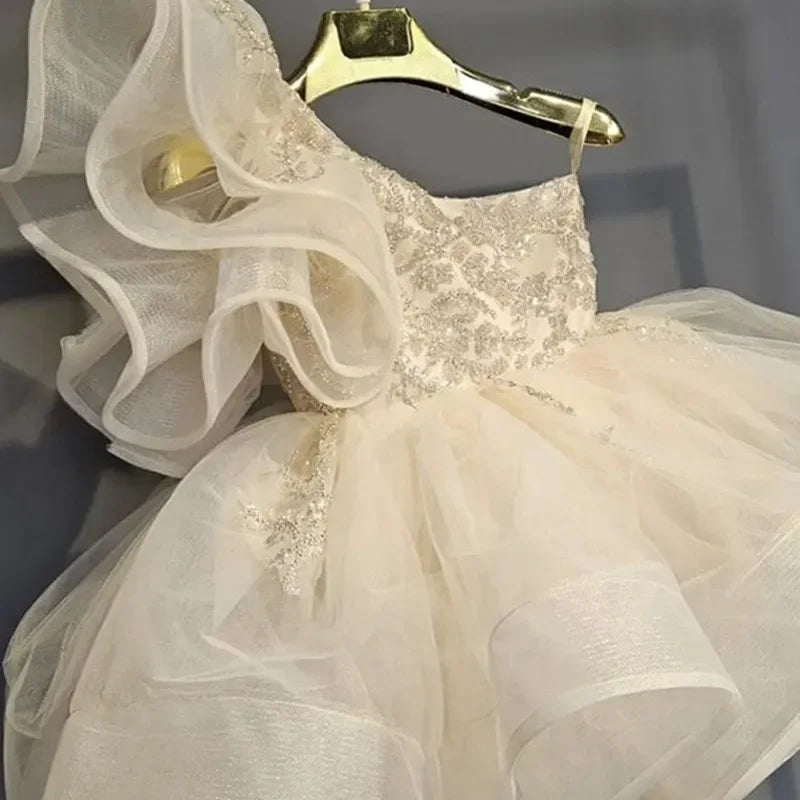 Little Girl Off Shoulder Floral Sequins Tulle Princess Party Dress