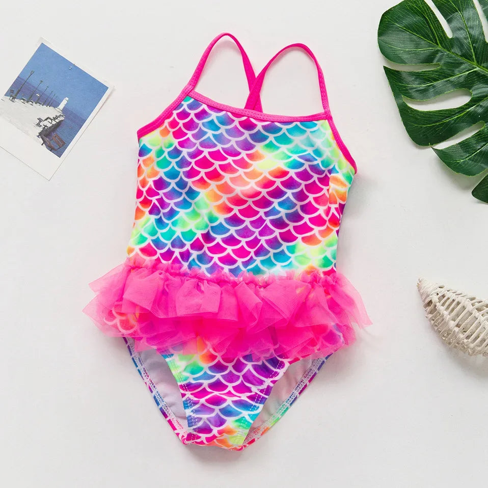Ruffle Style Cartoon Design Kids Girls One Piece Swimwear