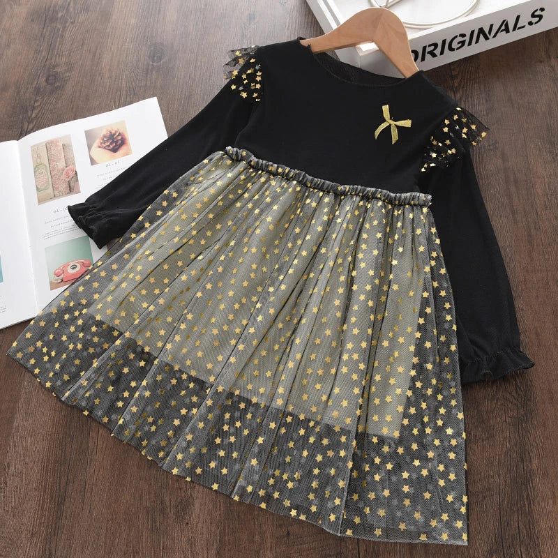 Kids Girls Long Sleeve Mesh Cotton Winter Party Dresses