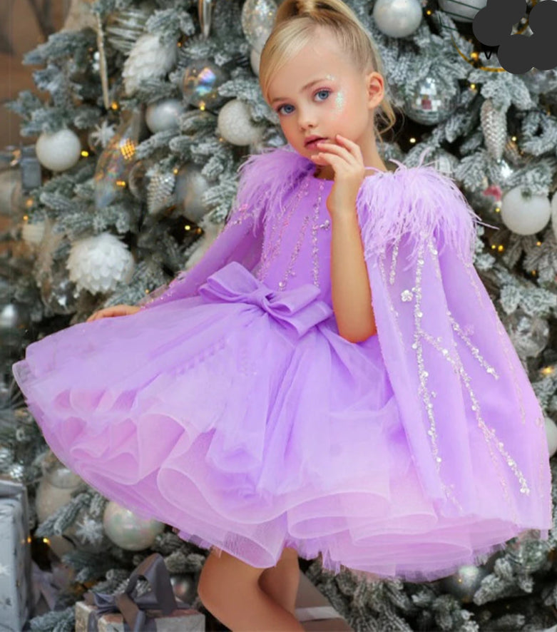 Kids Girls Beading Sequin Ball Gown/Party Dresses with Feather Cape