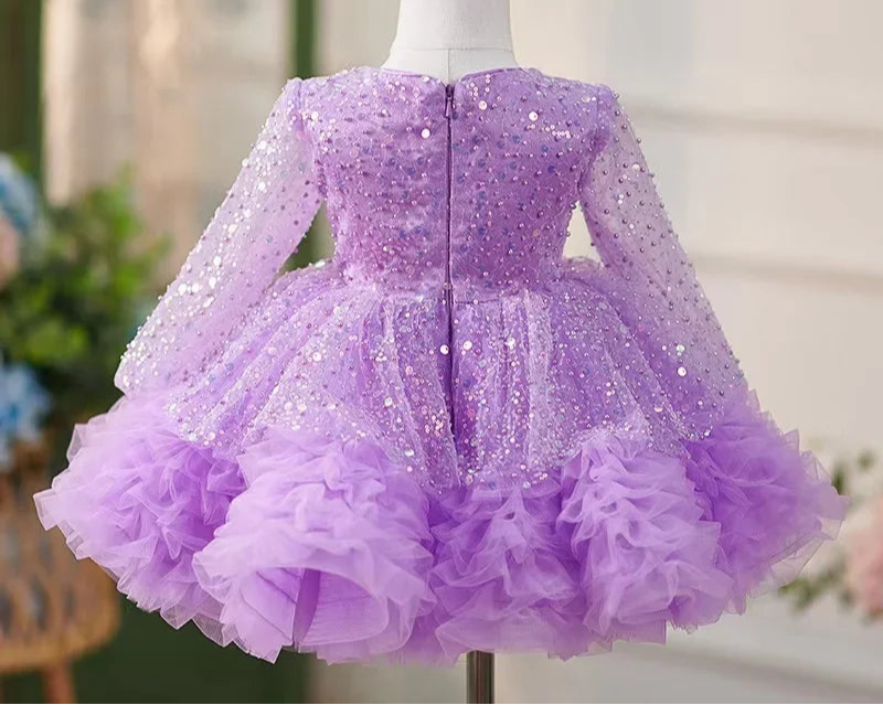 Glitter Sequined Tutu Full Sleeve Tiered Beading Girls Birthday Gowns