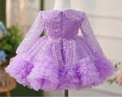 Glitter Sequined Tutu Full Sleeve Tiered Beading Girls Birthday Gowns