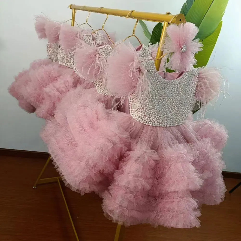 Pink Flower Girl Dress with Layers of Tulle for Wedding or Birthday childrensterritory