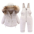 2pcs Toddler Girl Fur Hooded Down Jacket and Jumpsuit Set