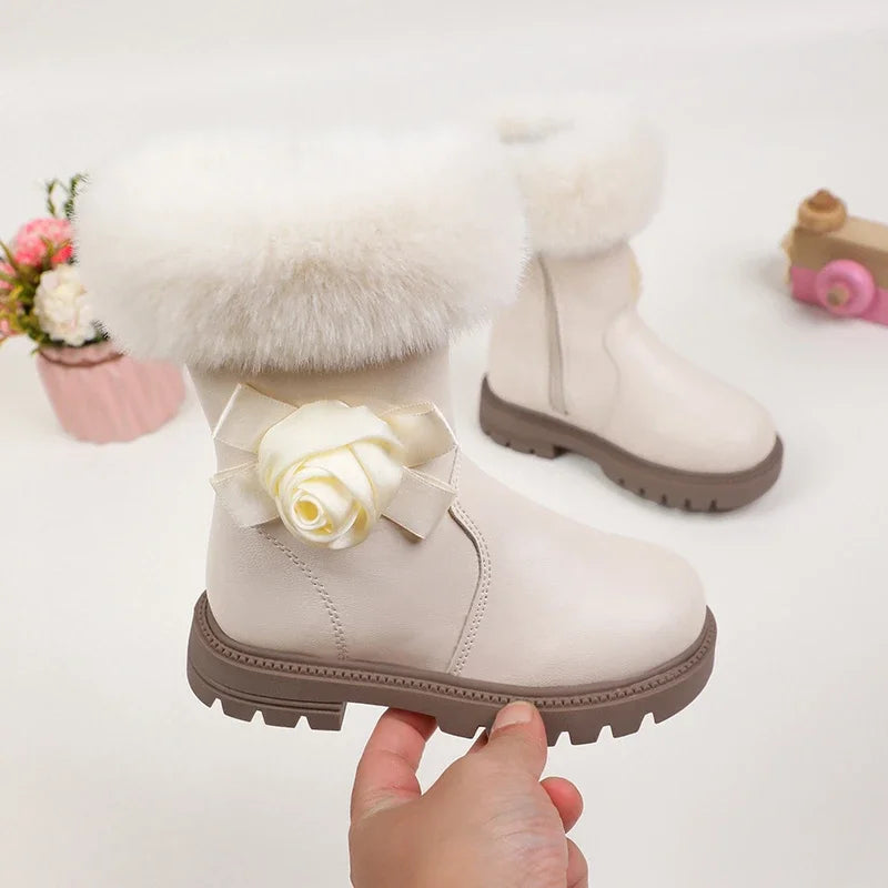 Princess Girls Zipper Flower Design Warm Fur Boots childrensterritory