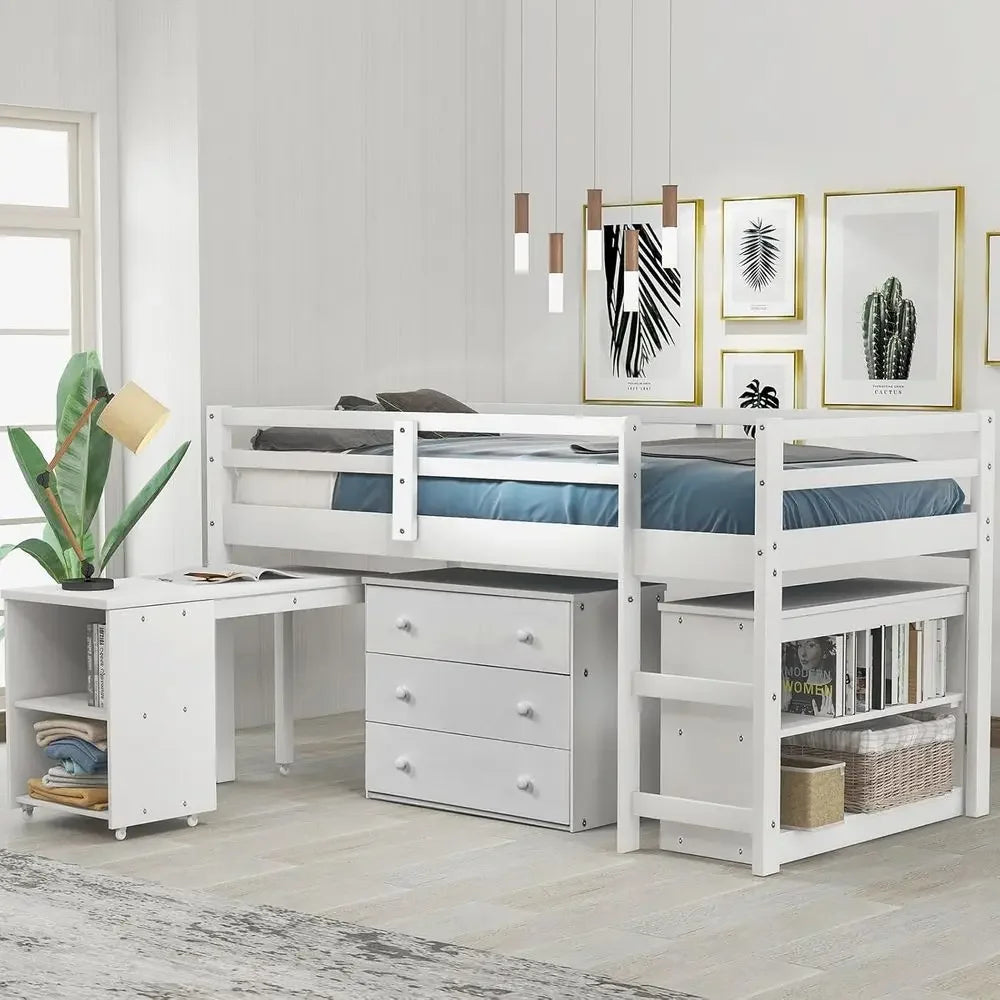 Portable Twin Loft Bed with Storage Cabinet for Kids