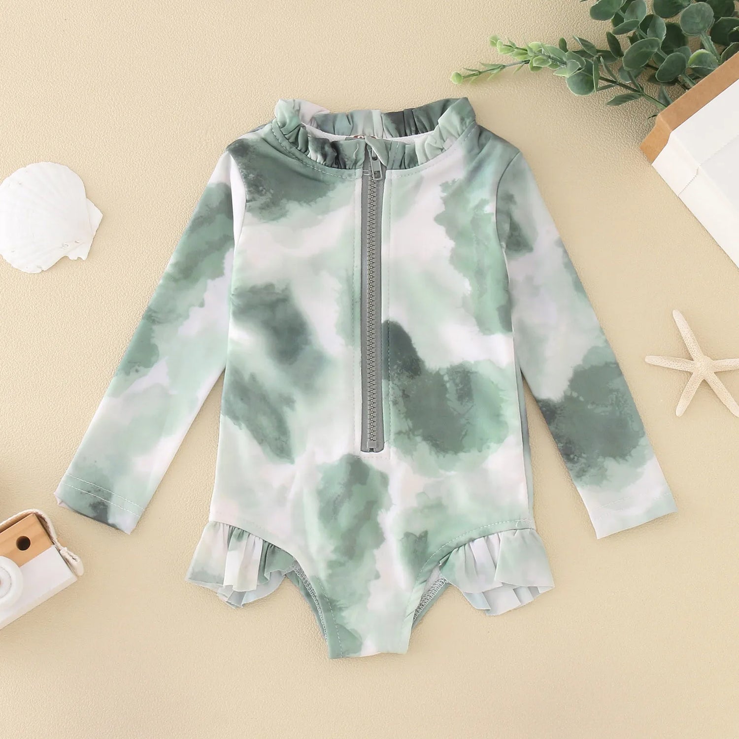 Tie-Dye Ruffles Kids Girls Zipper Beachwear Swimwear