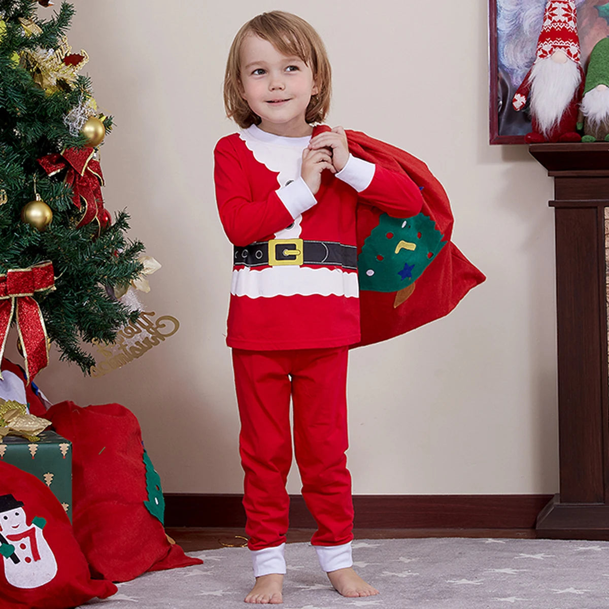 Kids Boys Girls Elk Green Red Christmas Pyjamas