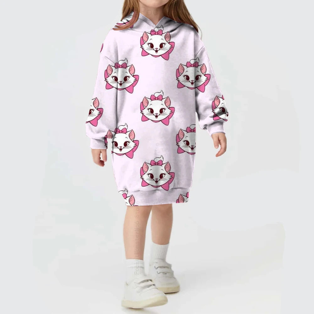 Kids Girls Cute Cat Print Casual Hoodie Dresses