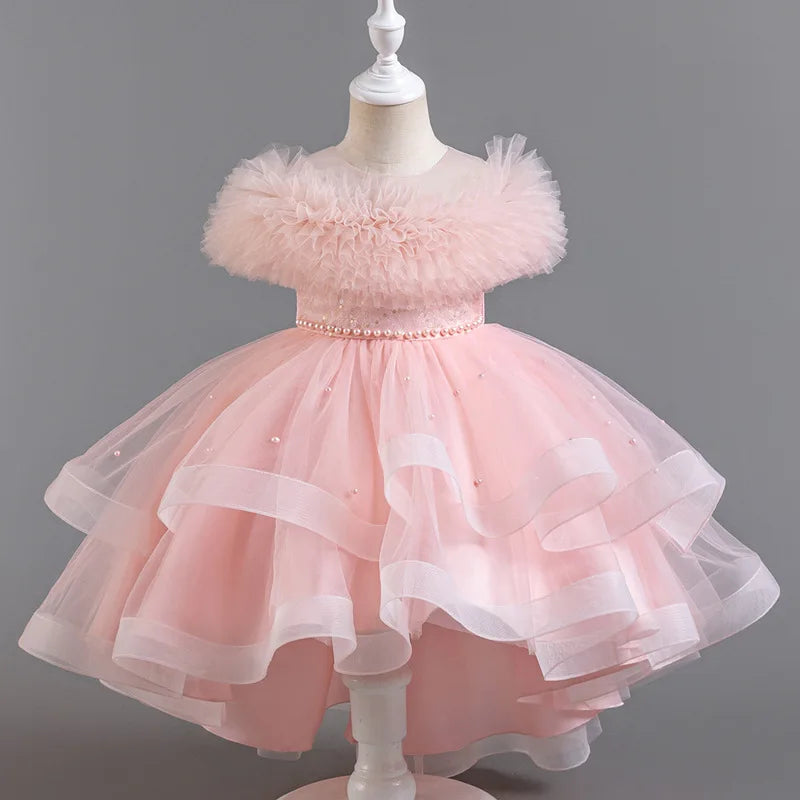 Little Girls Fluffy Solid Color Mesh Lace Design Party Dresses