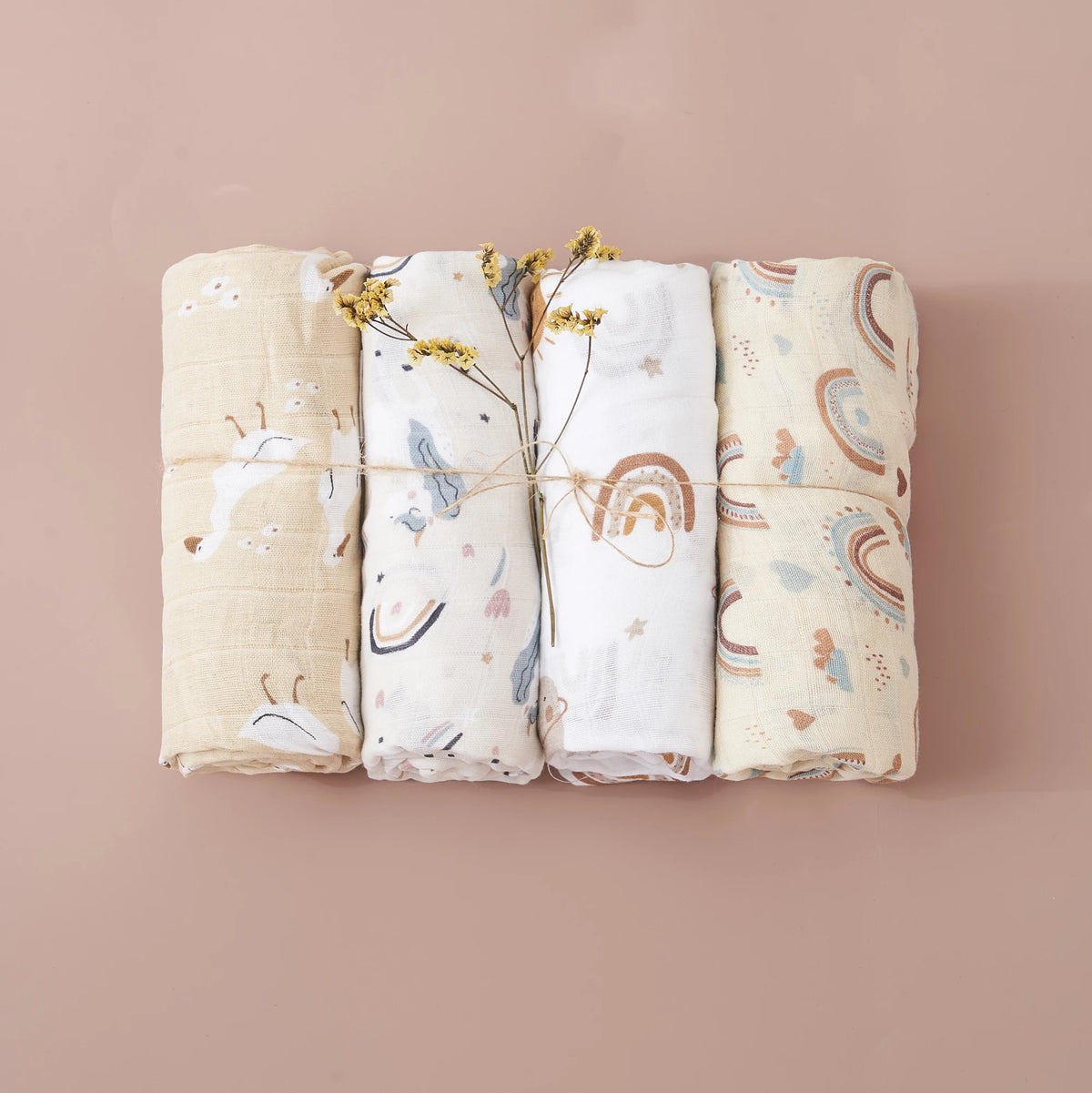 Print Bamboo Cotton Muslin Baby Swaddle, 4PCS Gift Set