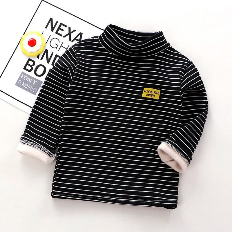 Kids Korean Style Turtleneck Striped Design Velvet Winter T-shirts childrensterritory