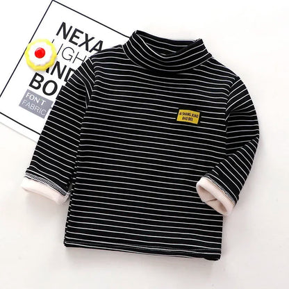 Kids Korean Style Turtleneck Striped Design Velvet Winter T-shirts childrensterritory