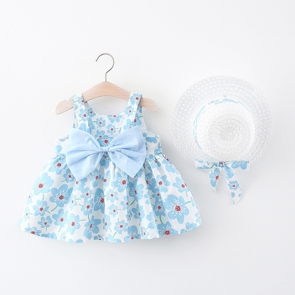 Baby Girl Floral Bow Sling Dress with Hat childrensterritory