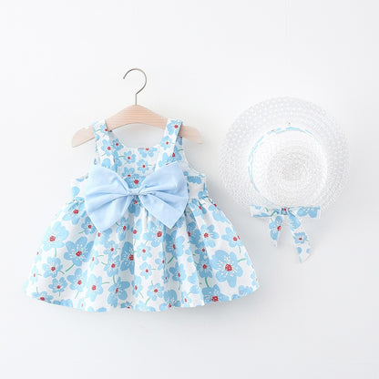Baby Girl Floral Bow Sling Dress with Hat childrensterritory