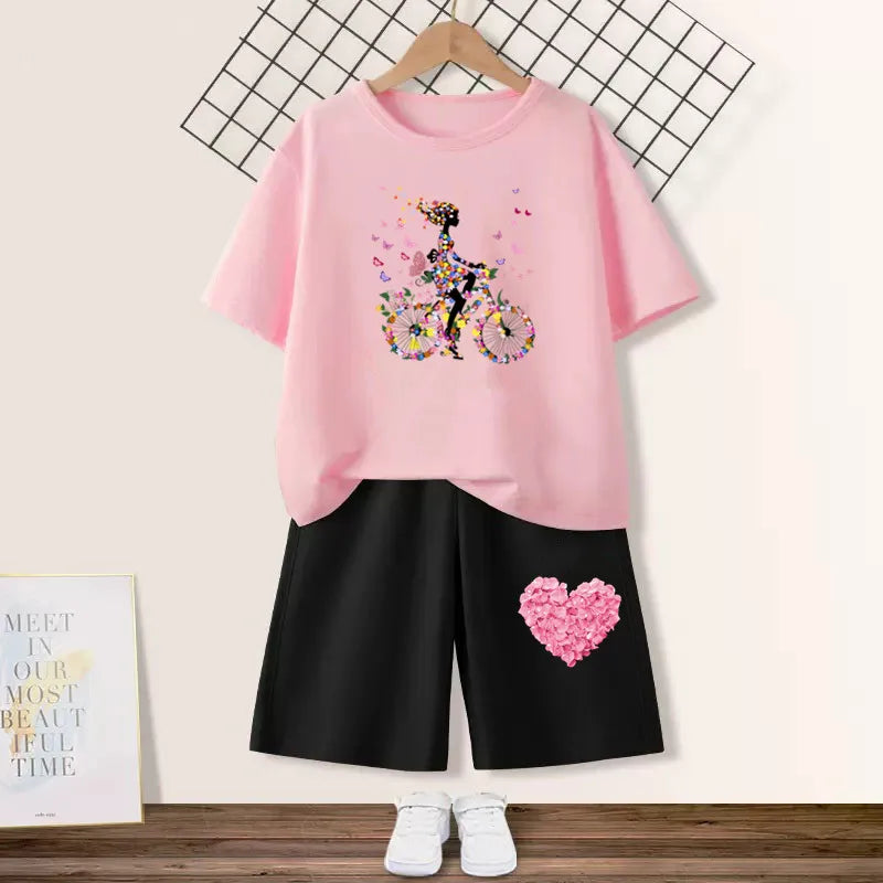 Kids Girls Butterfly High Heel T-shirt +Shorts 2 Piece Tracksuits childrensterritory