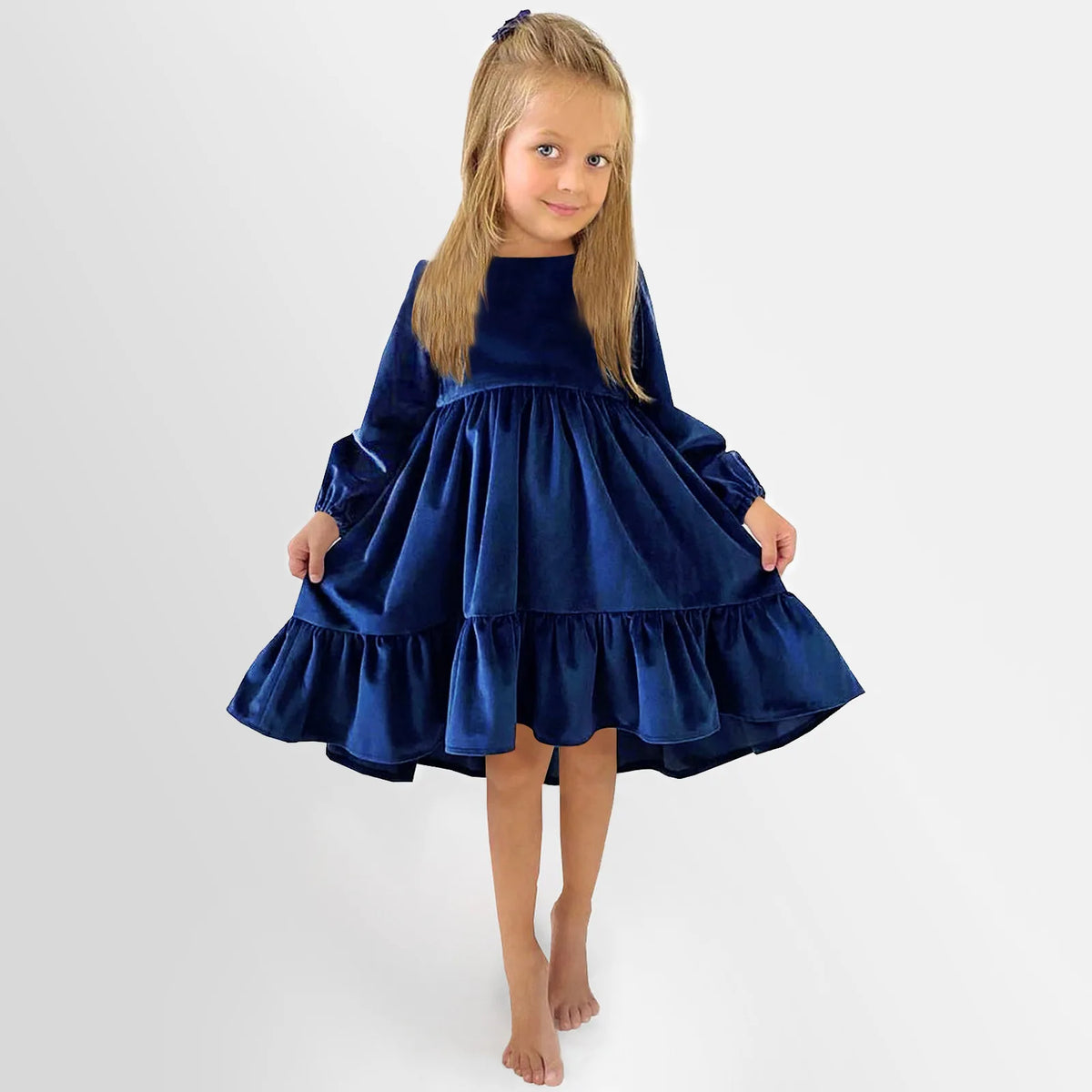 Kids Girls Velvet Long Sleeve Ruffle Hem Party Dresses