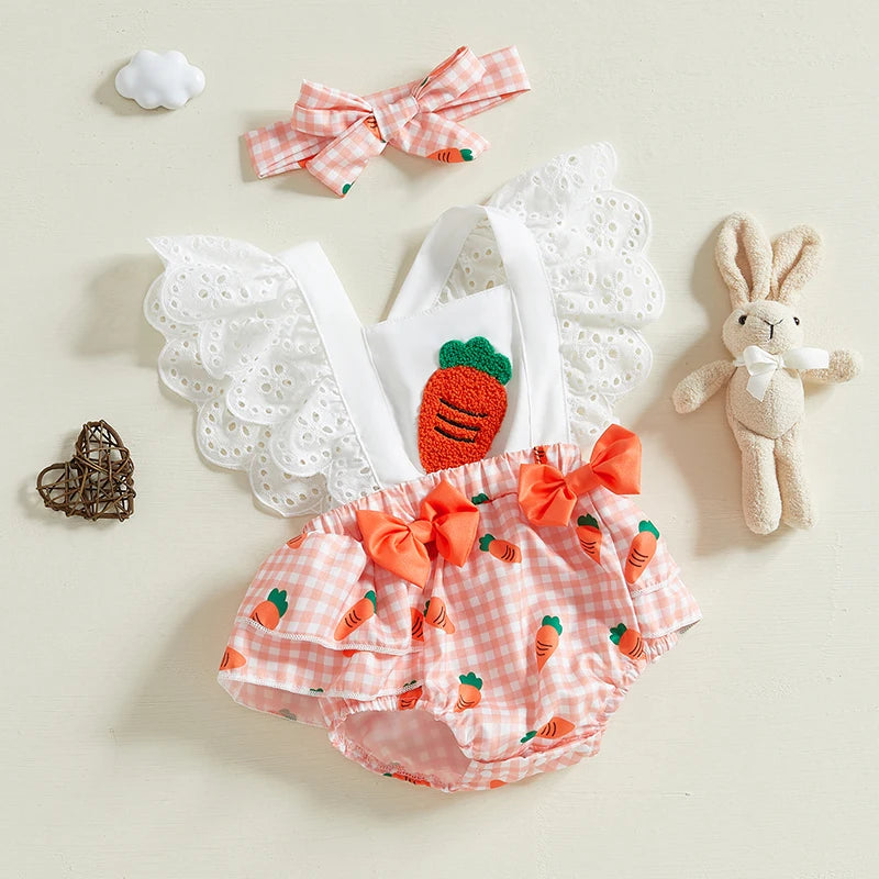 Baby Girl Square Neck Carrot Print Bodysuit with Headband