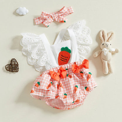 Baby Girl Square Neck Carrot Print Bodysuit with Headband childrensterritory