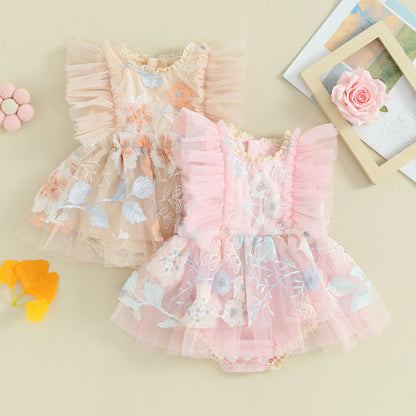 Baby Girl Tulle Floral Embroidery Romper Dress and Headband Set