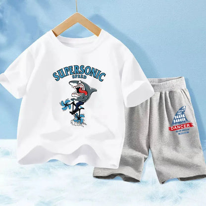 Kids Boy Funny Shark Print T-Shirts and Half Pants Set childrensterritory