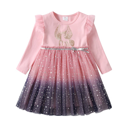 Cartoon Print Long Sleeve Girls Sequined Princess Dresses childrensterritory