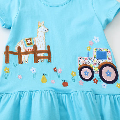 Kids Girls Alpaca Tractor Embroidered Summer Dresses childrensterritory