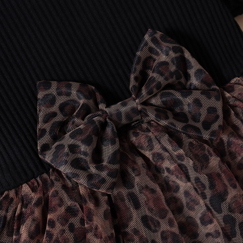 Little Girls Leopard Printed Ruffled Bowknot Party Dress childrensterritory