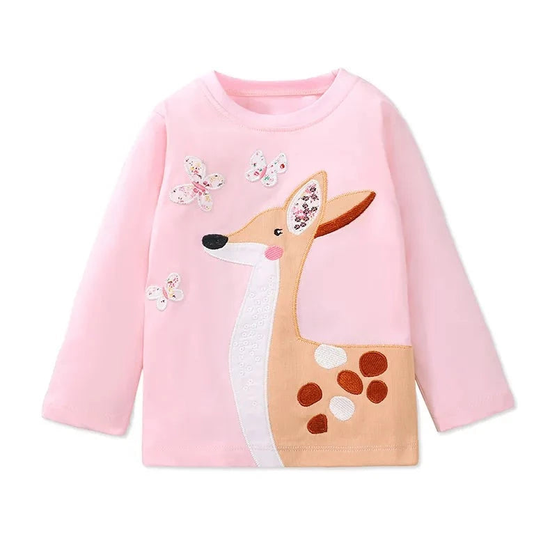 Kids Girls Cartoon Deers Embroidery Cotton Top childrensterritory