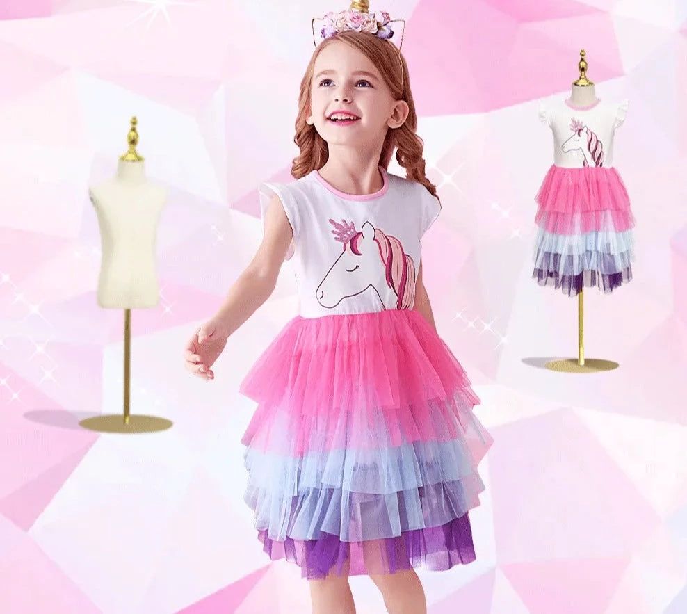 Kids Girls Unicorn Embroidery Birthday Tutu Dresses childrensterritory
