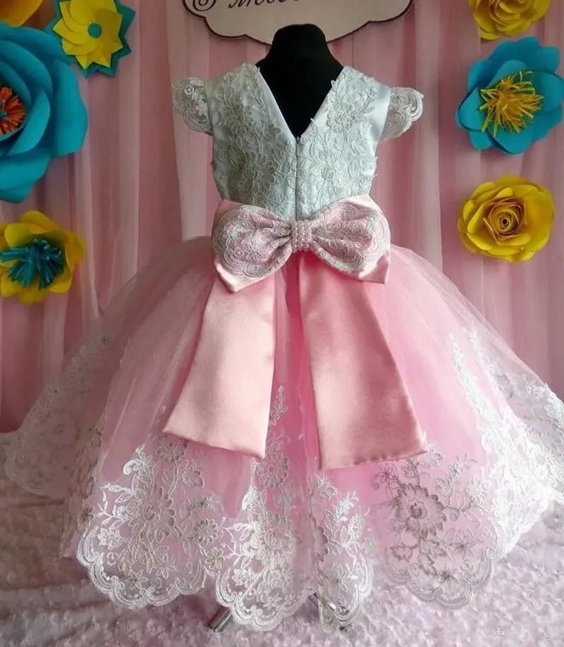 Little Girls Princess Party Gowns with Big Bow Lace Appliques childrensterritory