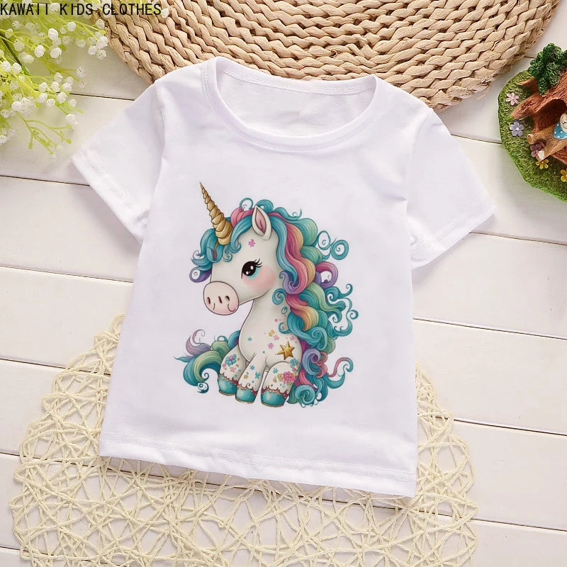 Unicorn Floral Cartoon Printed Girls Summer Tees childrensterritory