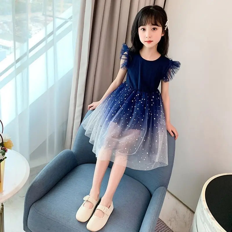 Sleeveless Mesh Lace Layers Star Design Girls Princess Dress