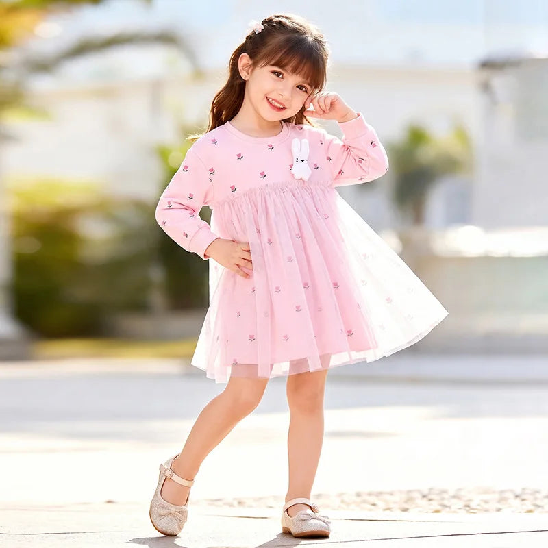 Long Sleeves Flower Design Girls Mesh Dress